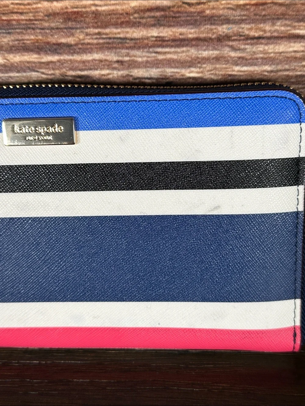 kate spade Striped Zip-Around Wallet - Blue, White, Black, Coral